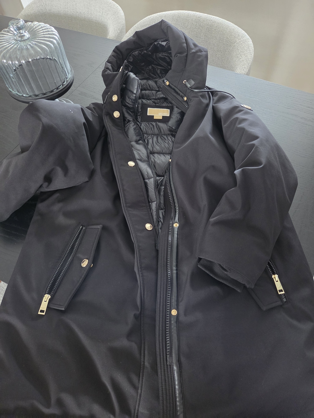 Michael Kors Black Hooded Puffer Coat with Gold Accents